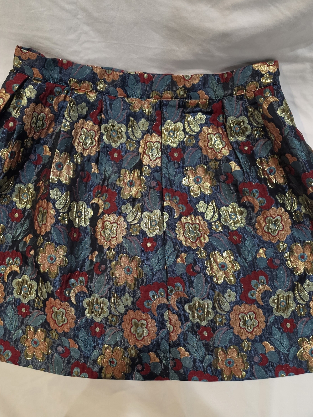 Modcloth Blue Floral Metallic Brocade Skirt with Gold & Red Accents